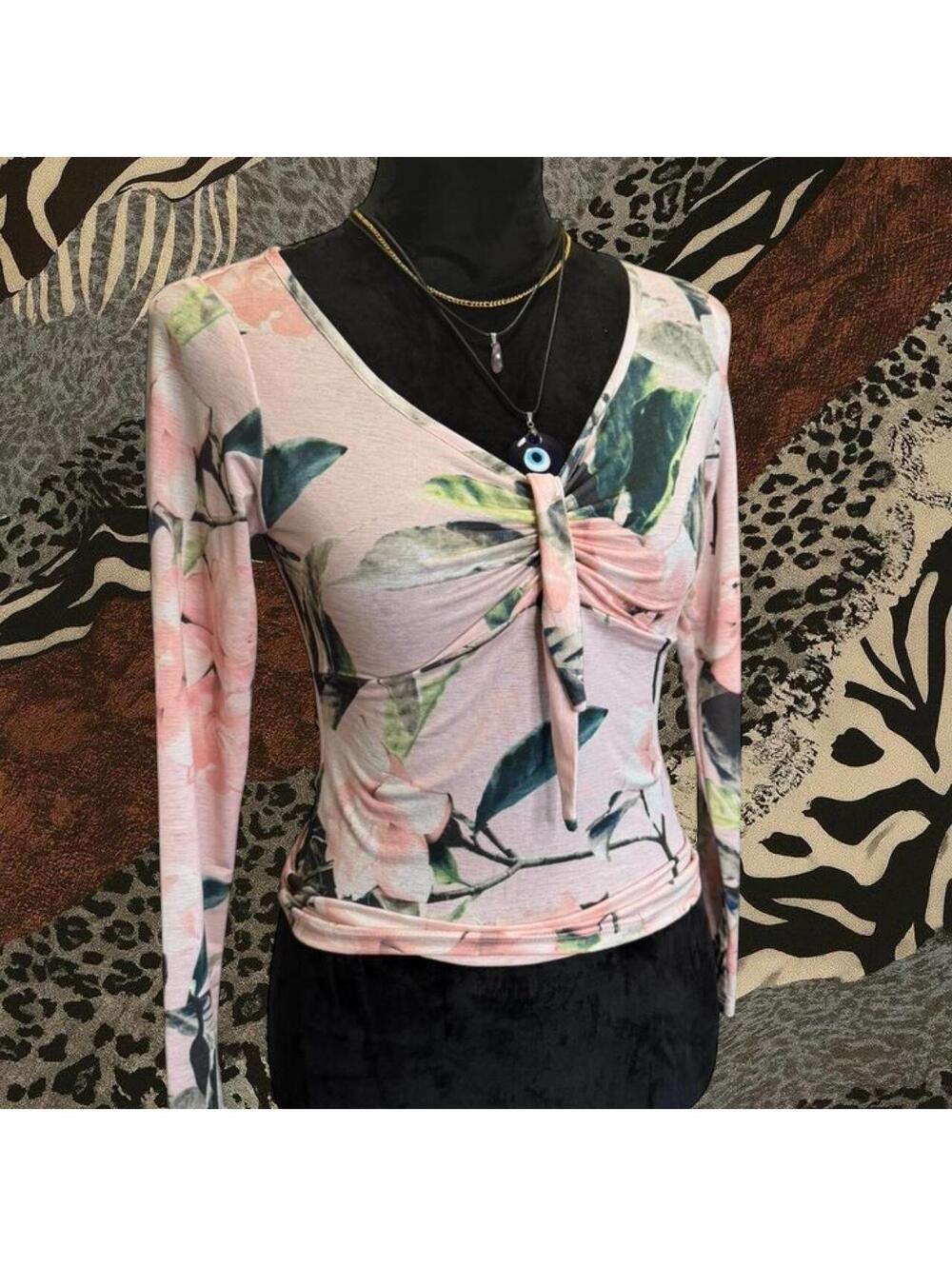 Pink floral long sleeve top with tie detail
